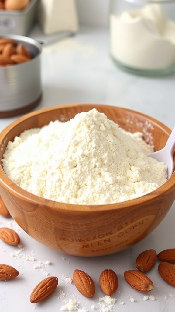 A bowl of gluten-free flour blend made from rice flour, almond flour, and tapioca starch with baking tools in the background.
